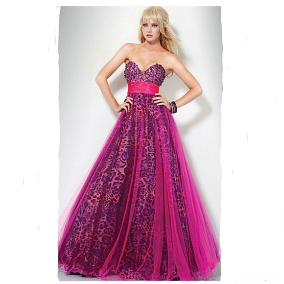 NEW JOVANI HOT PINK SEQUIN TULLE STRAPLESS ANIMAL PRINT EVENING GOWN - Picture 14 of 14